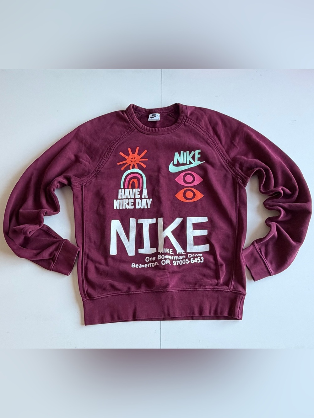 Nike Maroon Crewneck Sweatshirt with Colorful Graphic Print